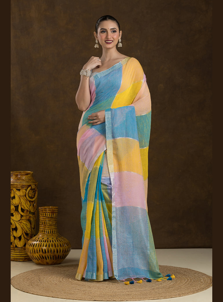 Multi-Coloured Checkered linen Saree