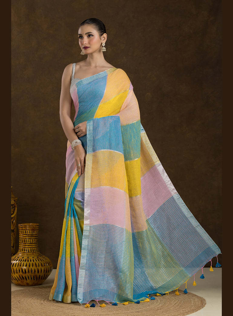 Multi-Coloured Checkered linen Saree