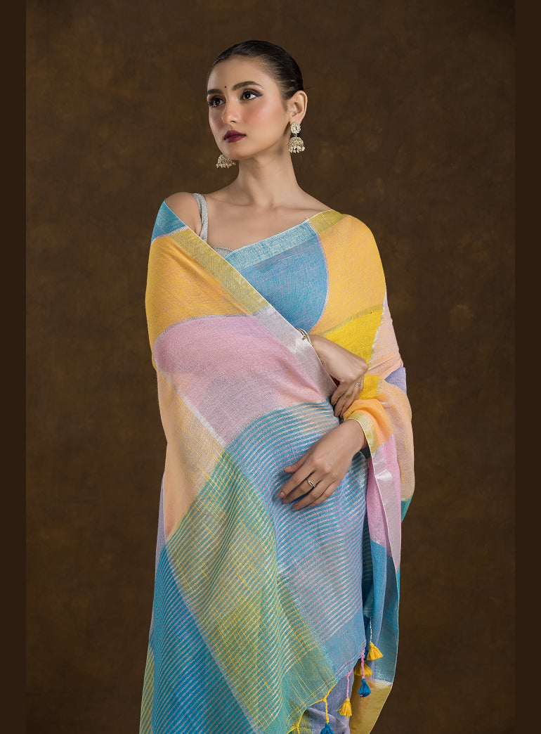 Multi-Coloured Checkered linen Saree