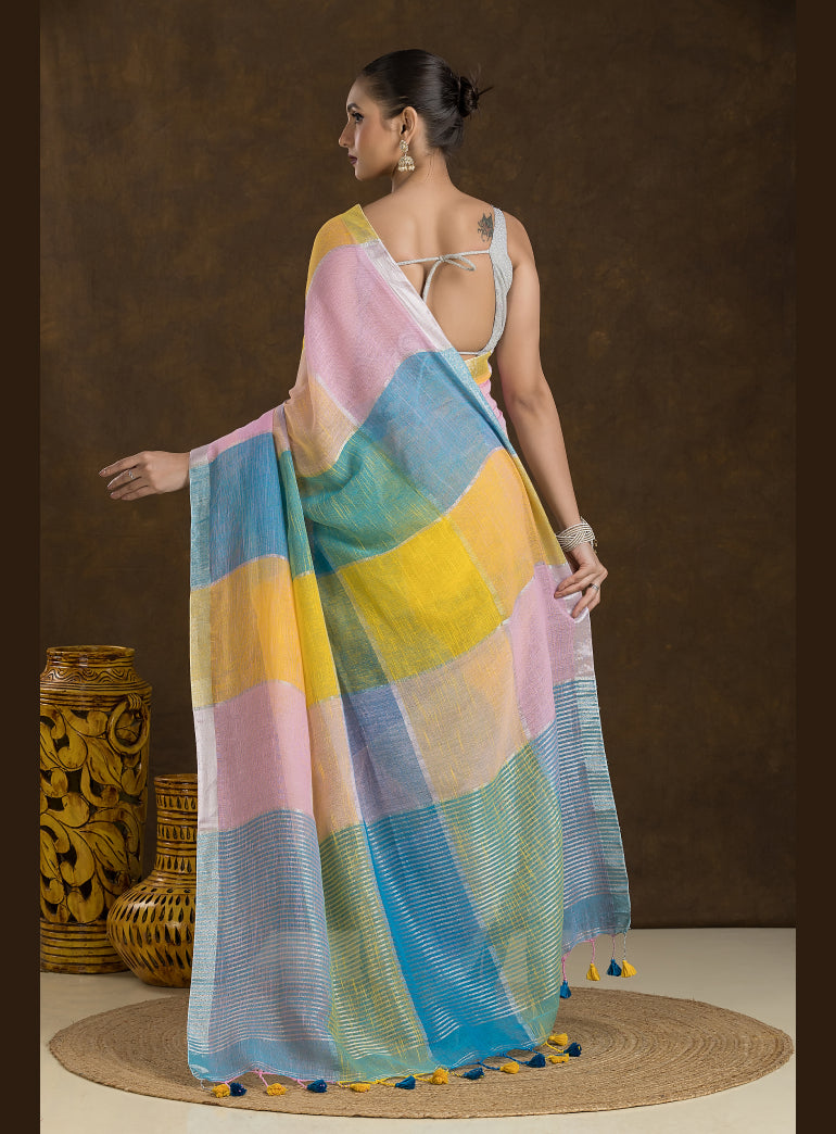 Multi-Coloured Checkered linen Saree