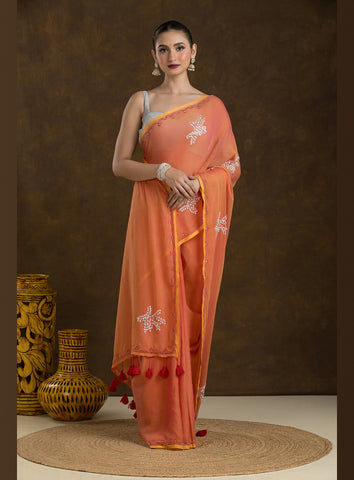 Sunset Orange Mulmul Cotton Saree with Hand Embroidery