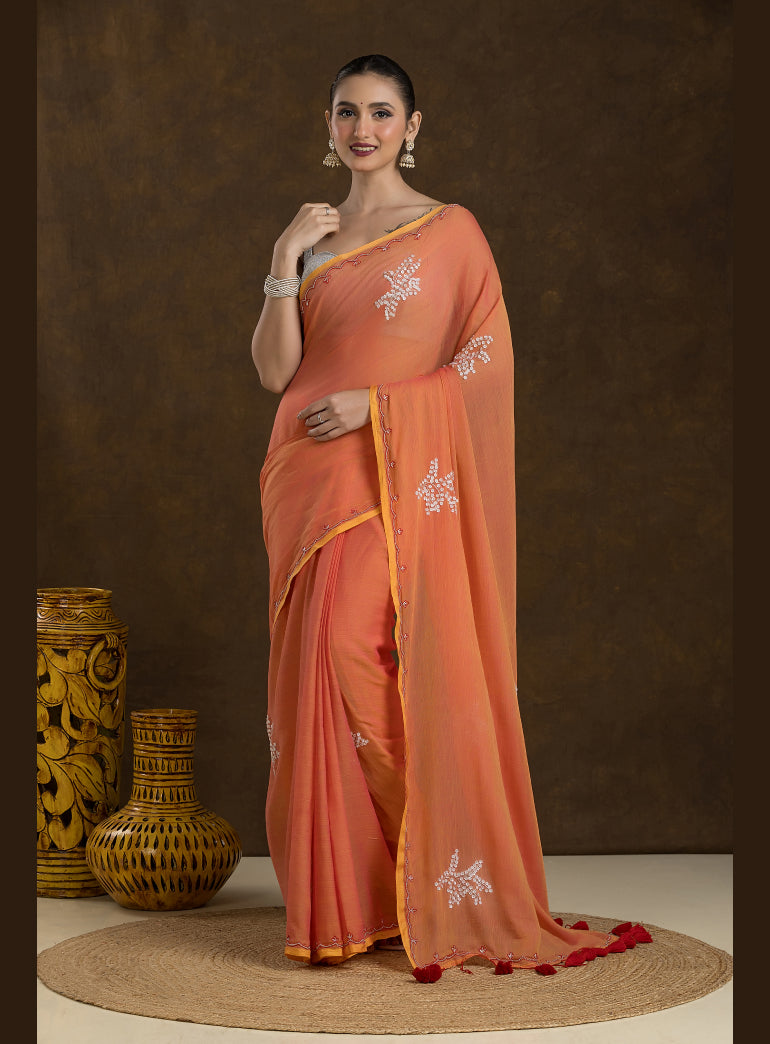 Sunset Orange Mulmul Cotton Saree with Hand Embroidery