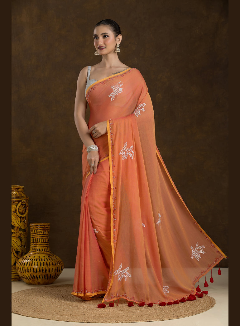 Sunset Orange Mulmul Cotton Saree with Hand Embroidery