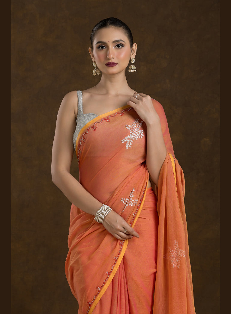 Sunset Orange Mulmul Cotton Saree with Hand Embroidery