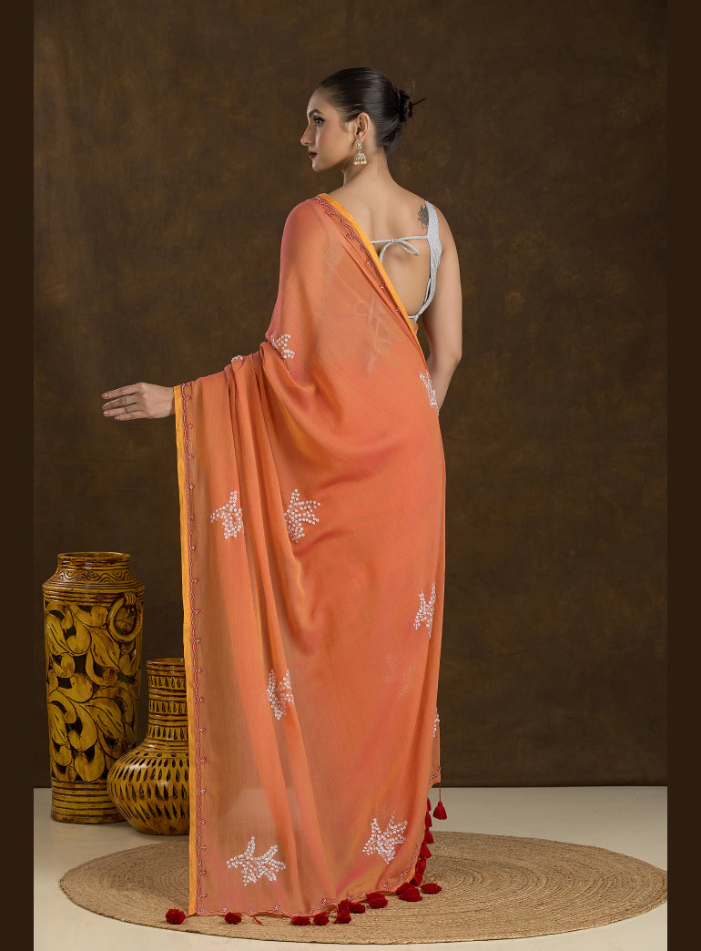 Sunset Orange Mulmul Cotton Saree with Hand Embroidery
