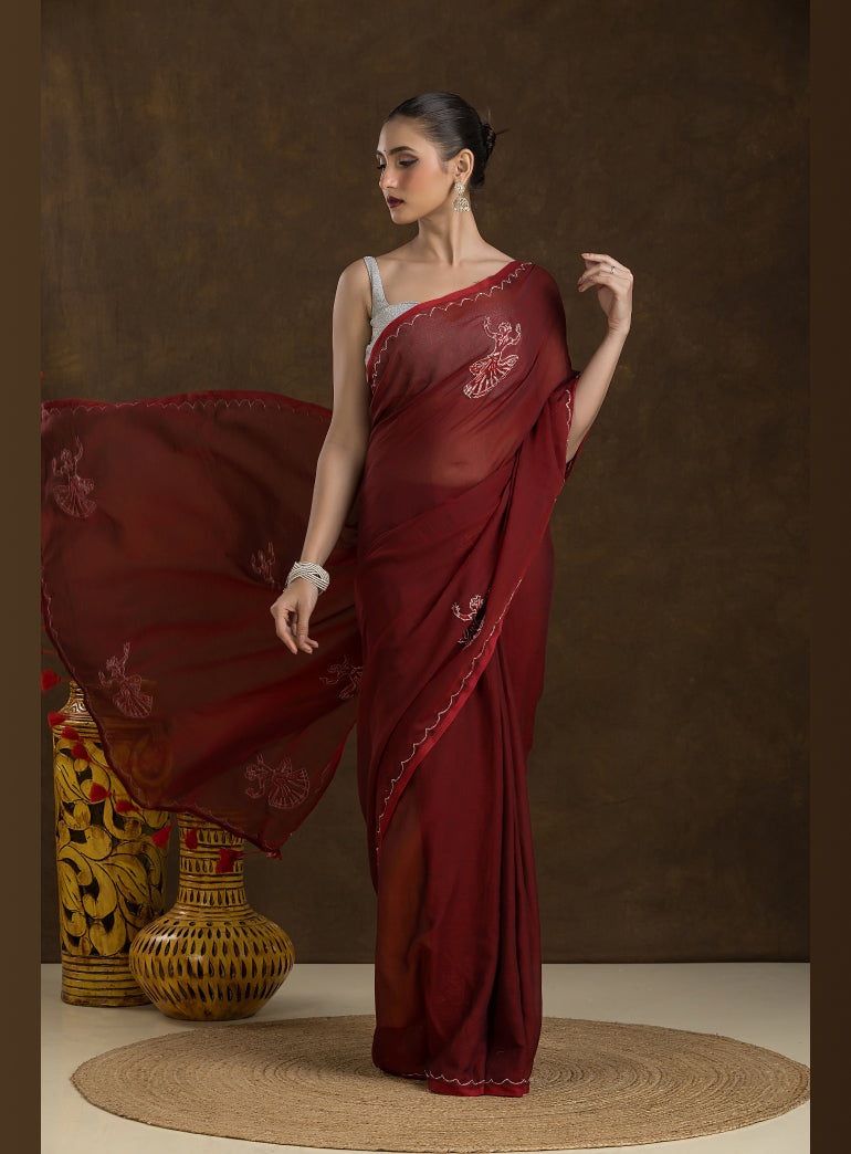 Deep Maroon Mulmul Cotton Saree with Embroidery