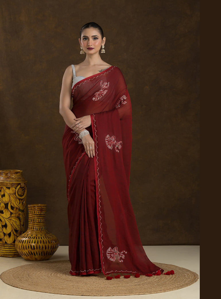 Deep Maroon Mulmul Cotton Saree with Embroidery