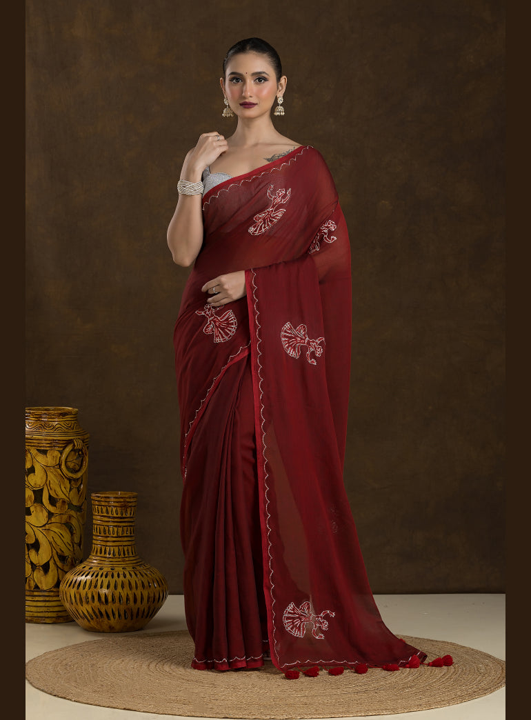 Deep Maroon Mulmul Cotton Saree with Embroidery