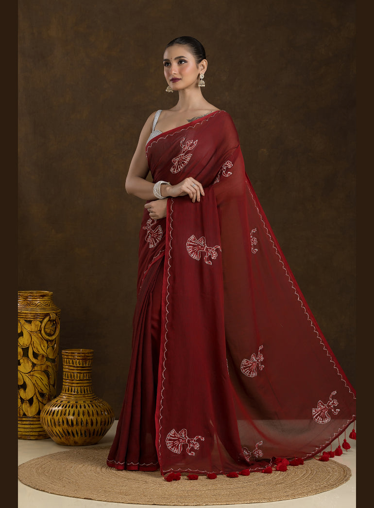 Deep Maroon Mulmul Cotton Saree with Embroidery