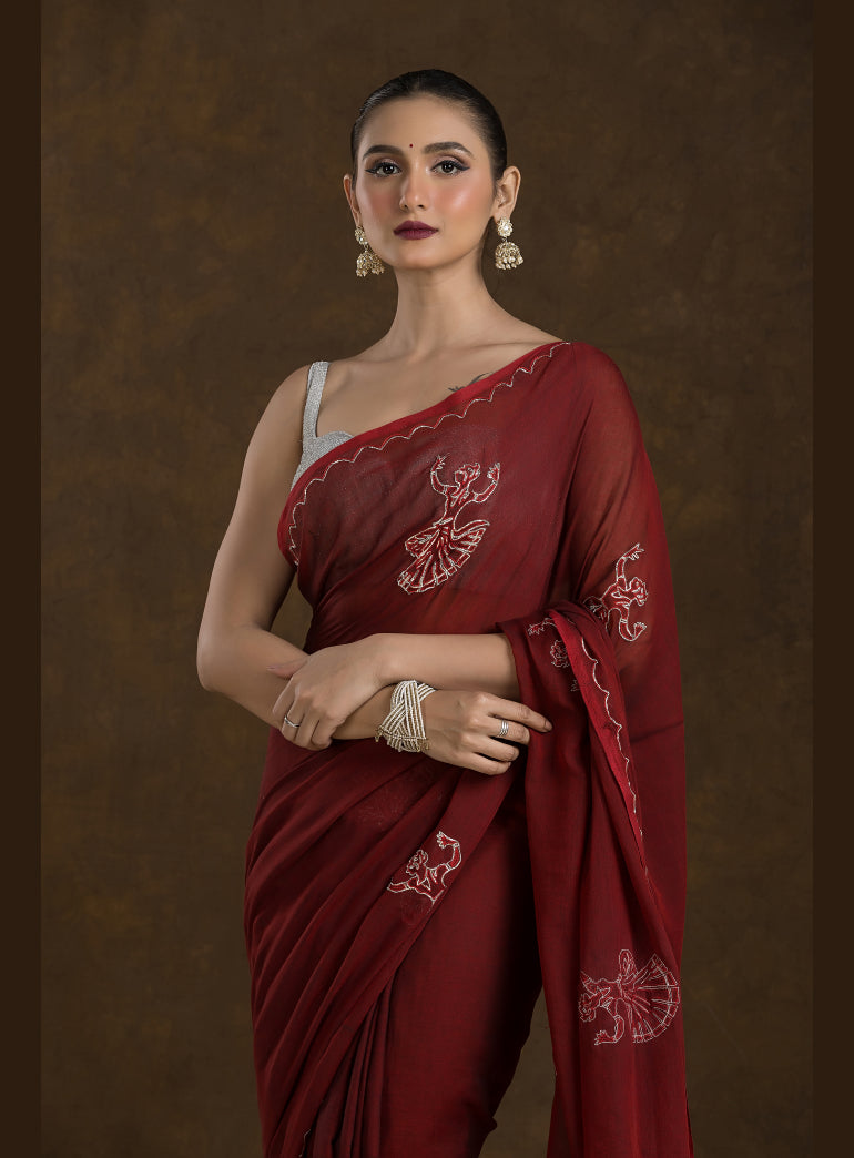 Deep Maroon Mulmul Cotton Saree with Embroidery