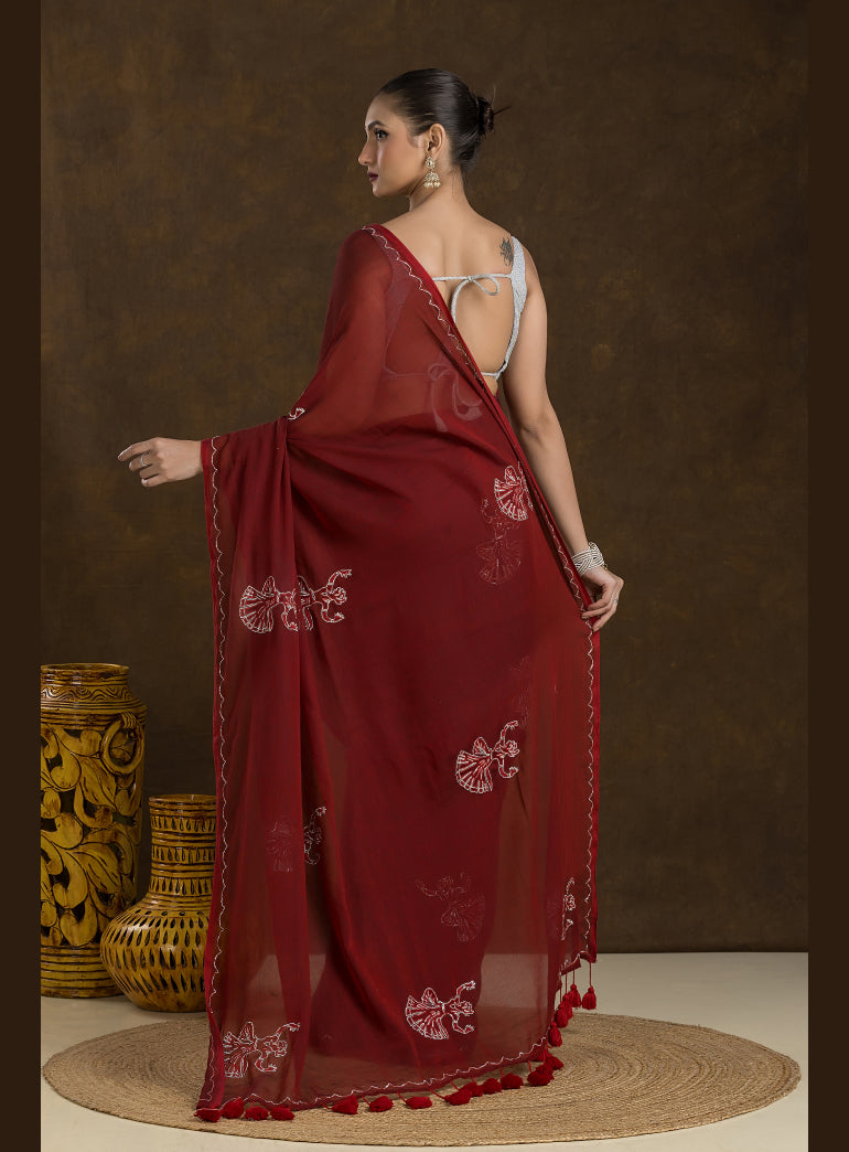 Deep Maroon Mulmul Cotton Saree with Embroidery