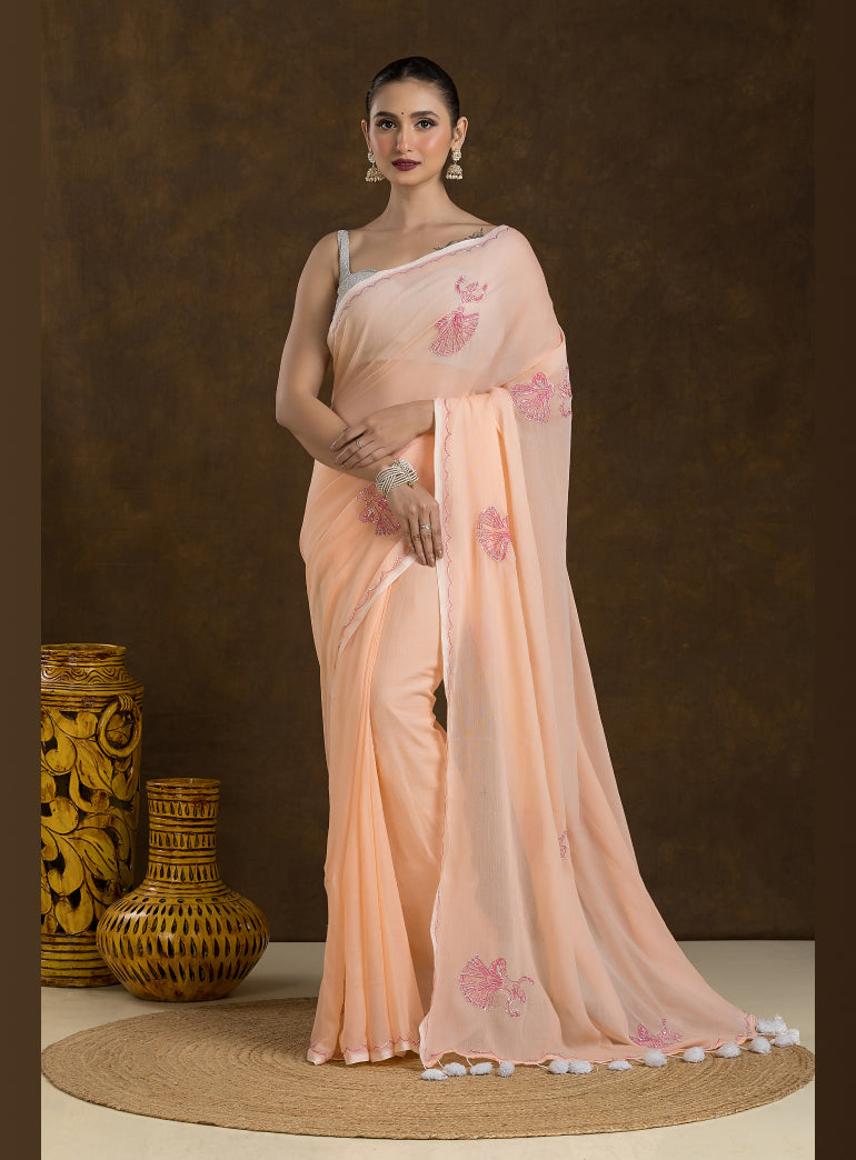 Creamy Peach Mulmul Cotton Saree with Hand Embroidery