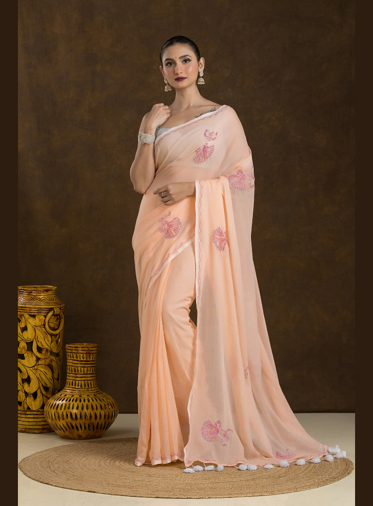 Creamy Peach Mulmul Cotton Saree with Hand Embroidery