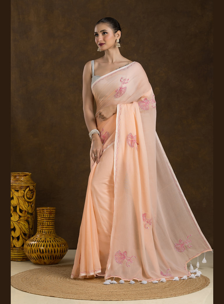 Creamy Peach Mulmul Cotton Saree with Hand Embroidery