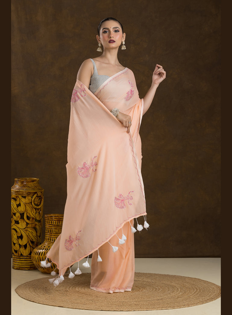 Creamy Peach Mulmul Cotton Saree with Hand Embroidery