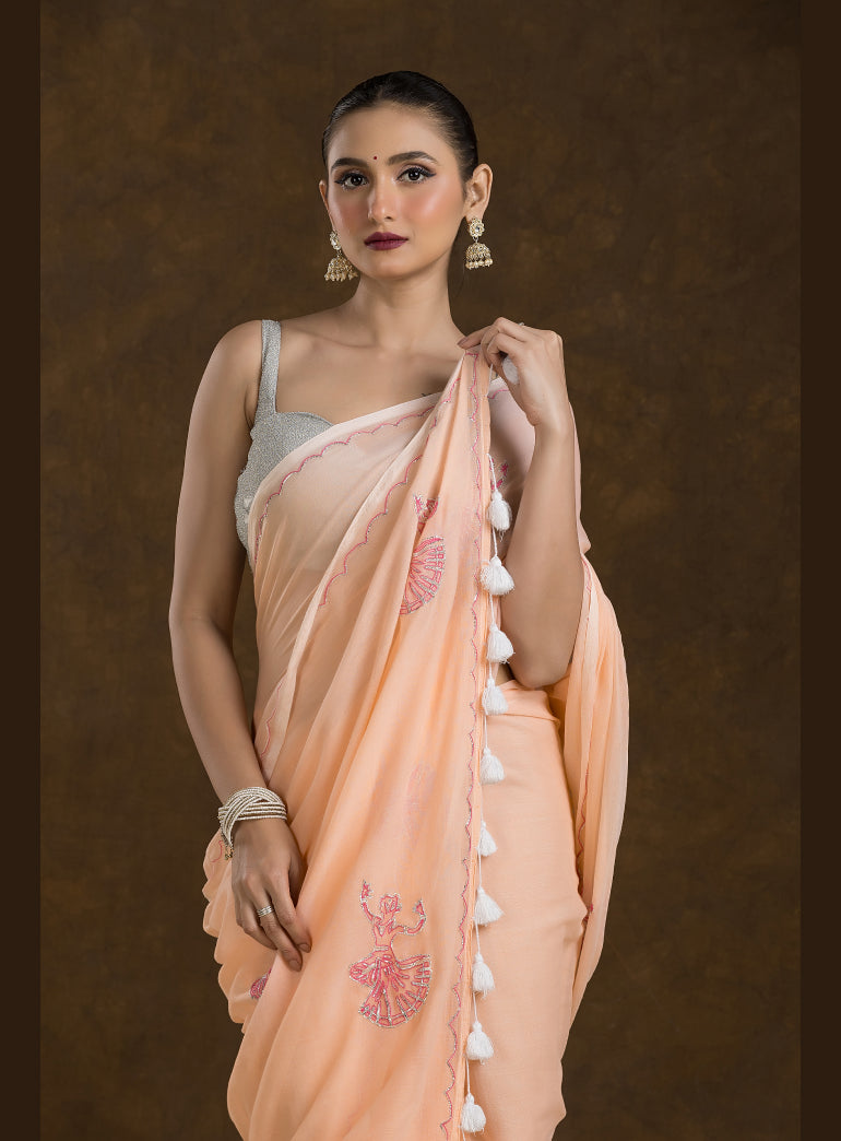 Creamy Peach Mulmul Cotton Saree with Hand Embroidery
