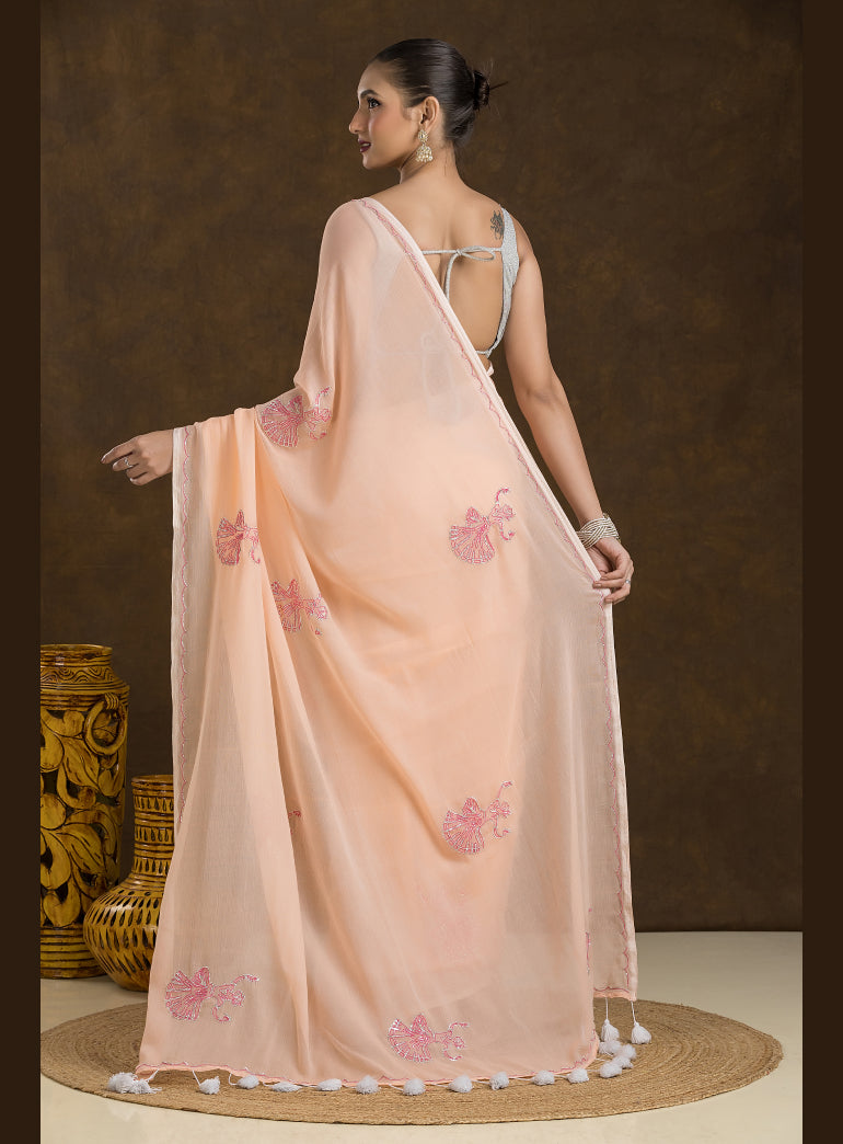 Creamy Peach Mulmul Cotton Saree with Hand Embroidery