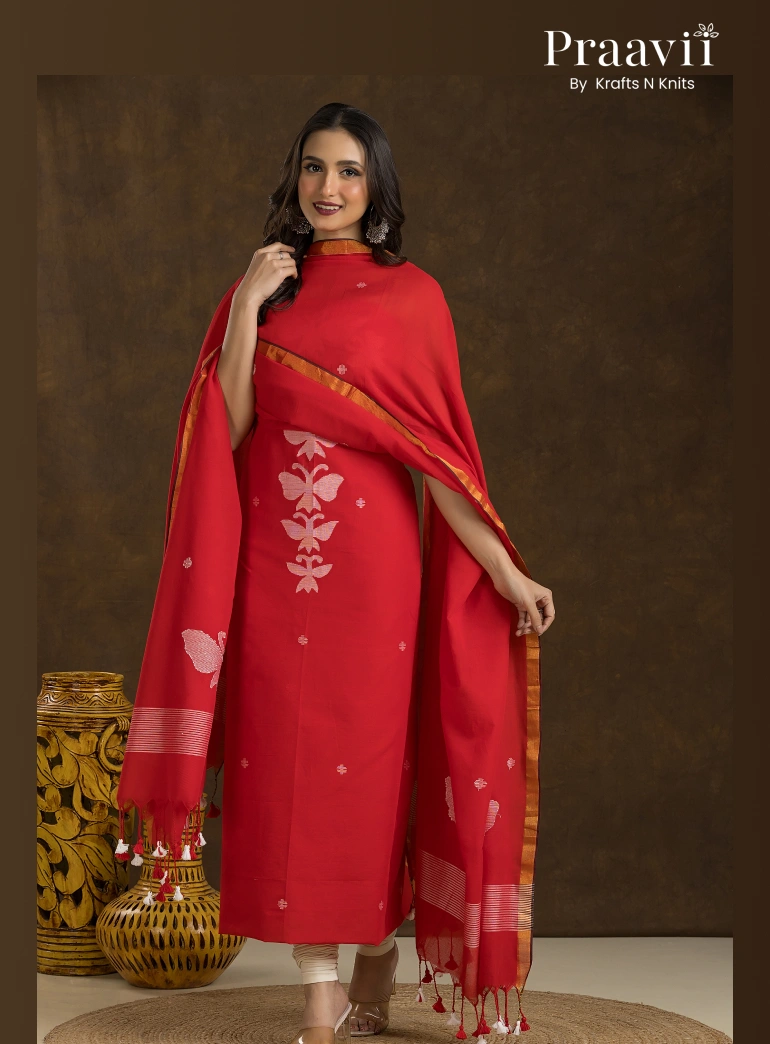 Red Unstitched Cotton Jamdani Butterfly 2-Piece Suit Set