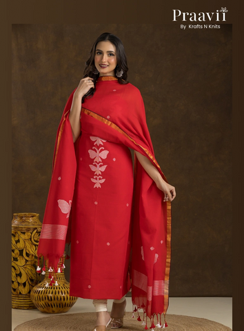 Red Unstitched Cotton Jamdani Butterfly 2-Piece Suit Set