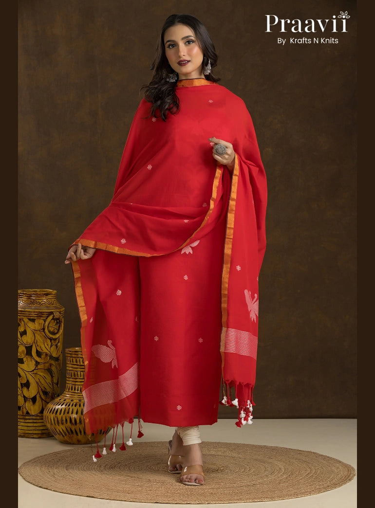 Red Unstitched Cotton Jamdani Butterfly 2-Piece Suit Set