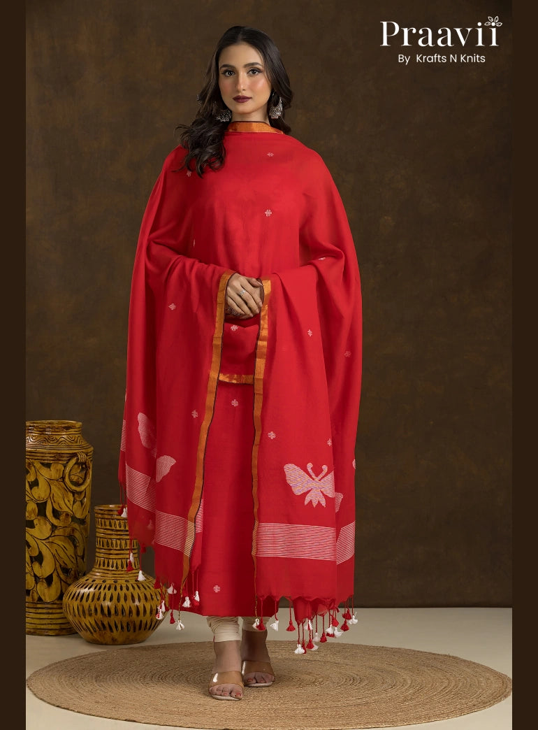 Red Unstitched Cotton Jamdani Butterfly 2-Piece Suit Set
