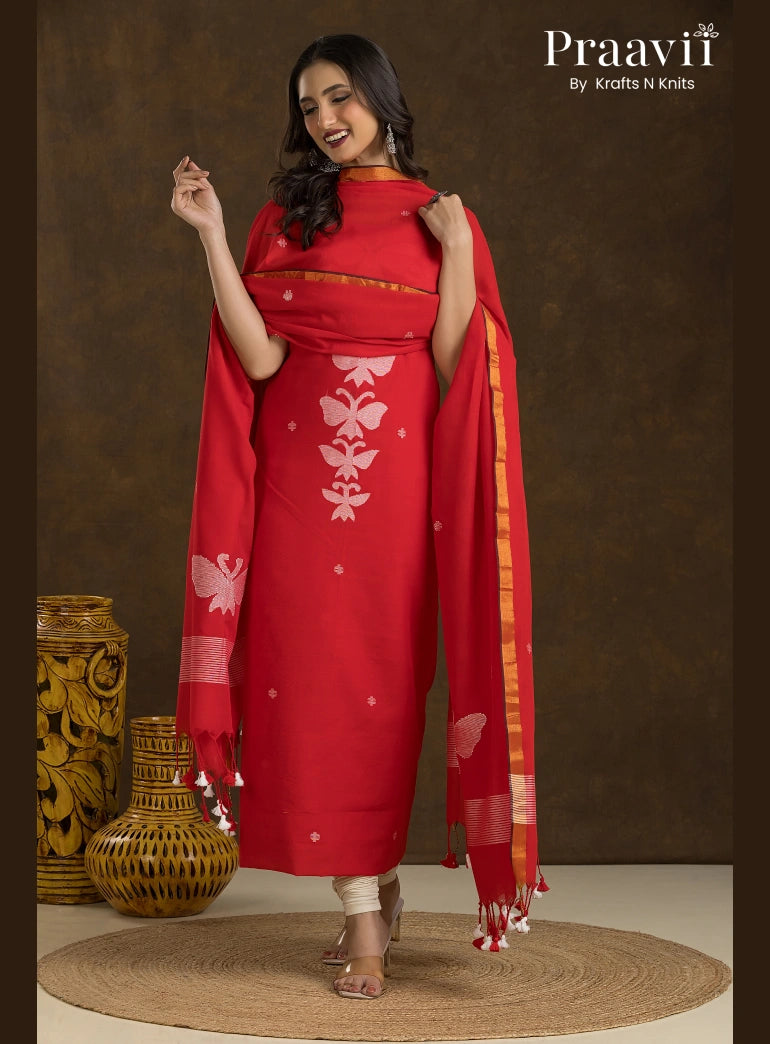 Red Unstitched Cotton Jamdani Butterfly 2-Piece Suit Set