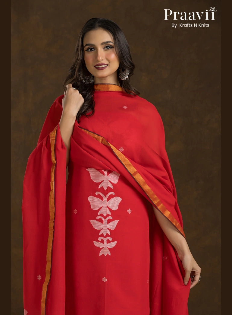 Red Unstitched Cotton Jamdani Butterfly 2-Piece Suit Set
