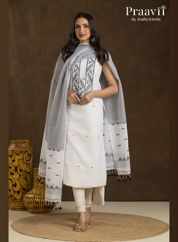 White with Black Motif Dhakai Jamdani Unstitched 2-Piece Suit Set