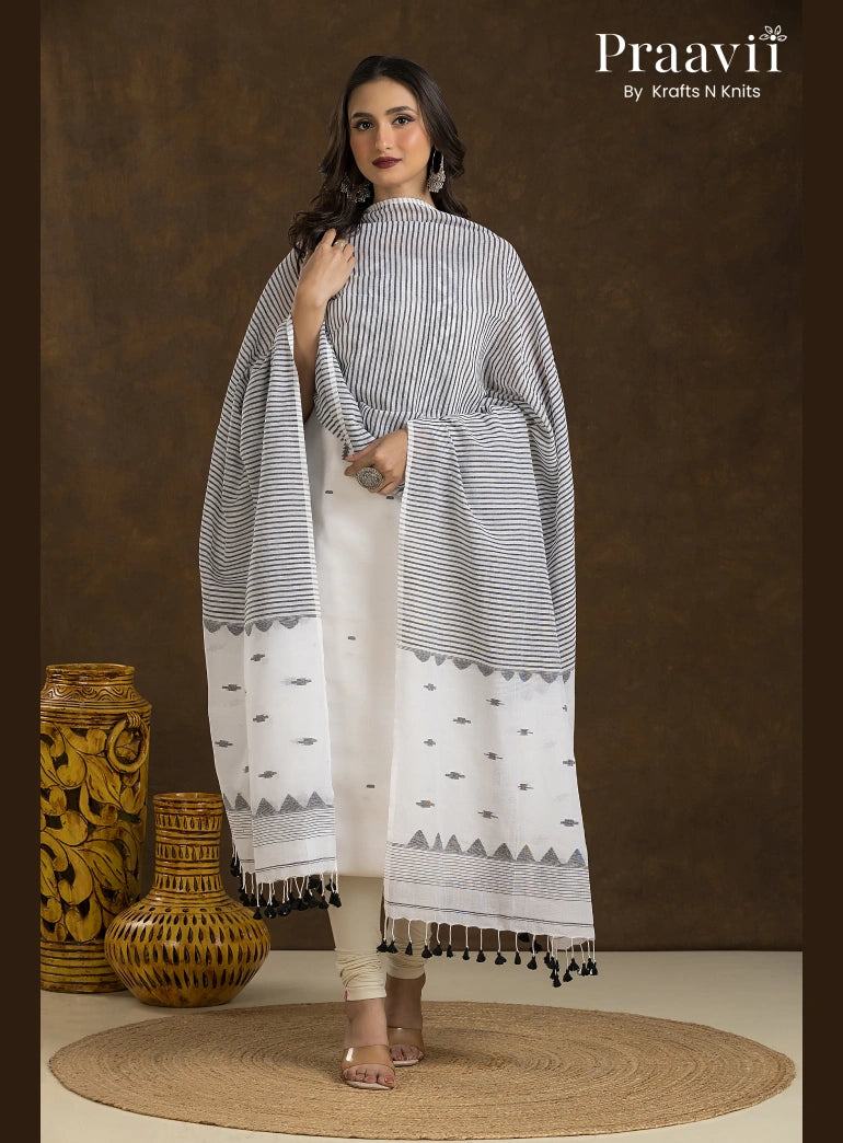White with Black Motif Dhakai Jamdani Unstitched 2-Piece Suit Set