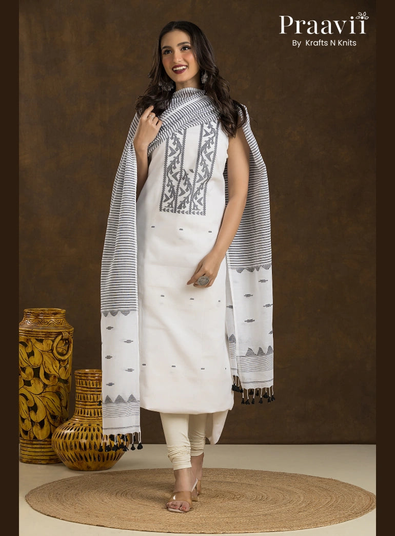 White with Black Motif Dhakai Jamdani Unstitched 2-Piece Suit Set