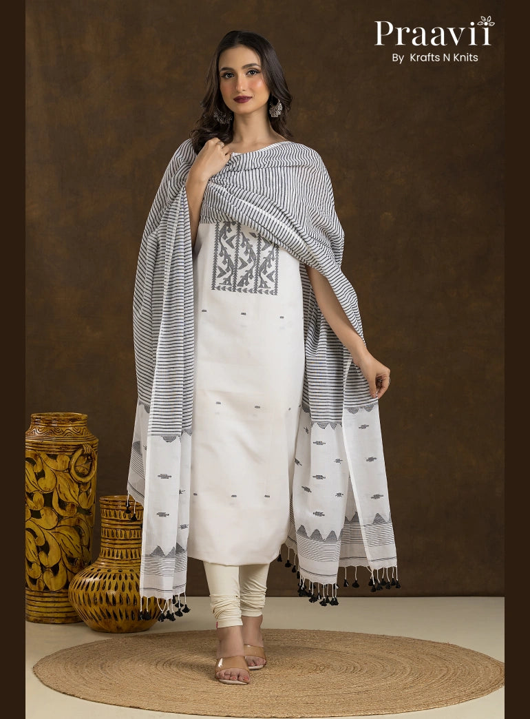 White with Black Motif Dhakai Jamdani Unstitched 2-Piece Suit Set
