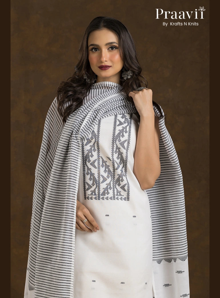 White with Black Motif Dhakai Jamdani Unstitched 2-Piece Suit Set