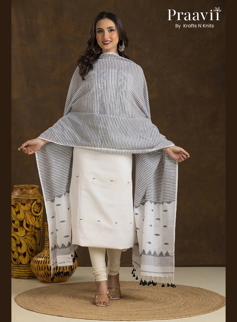 White with Black Motif Dhakai Jamdani Unstitched 2-Piece Suit Set