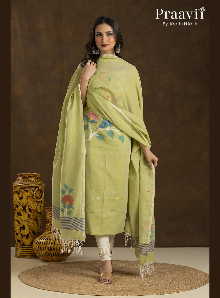 Pistachio Green Unstitched Cotton Jamdani 2-Piece Suit Set