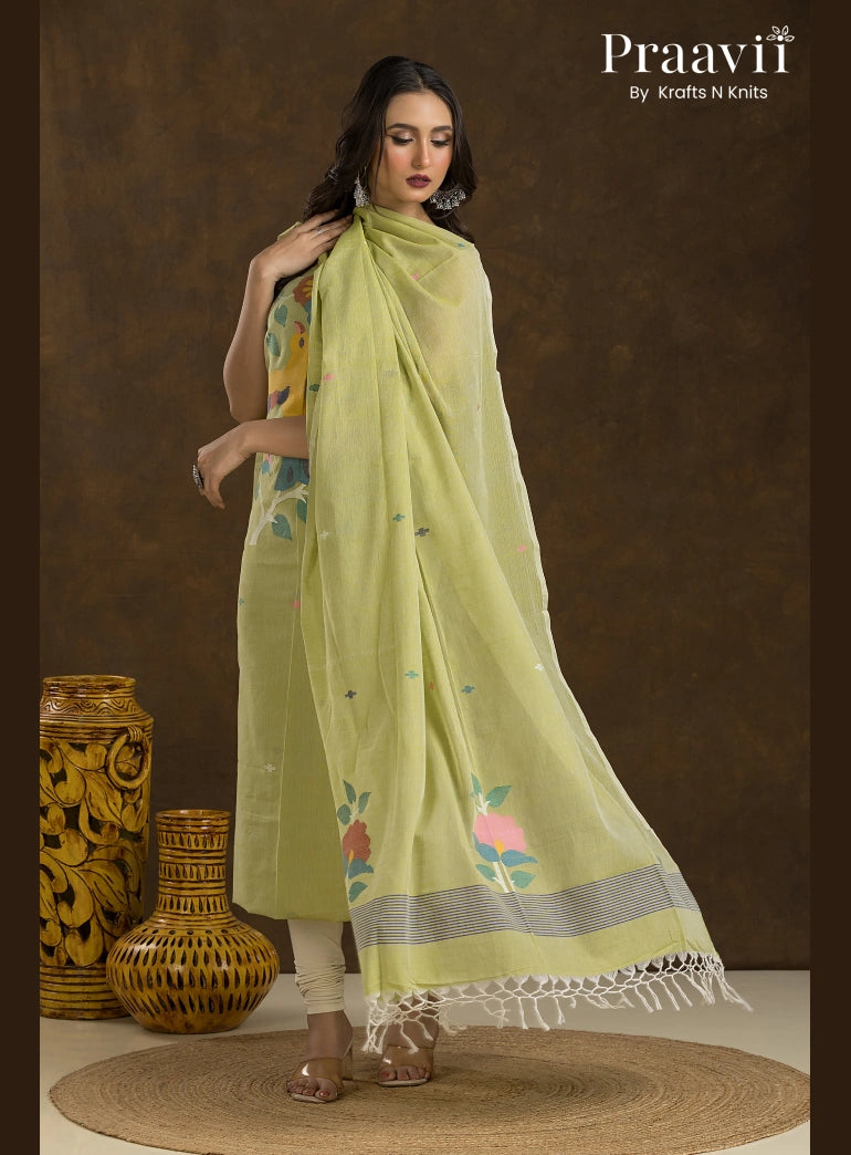 Pistachio Green Unstitched Cotton Jamdani 2-Piece Suit Set