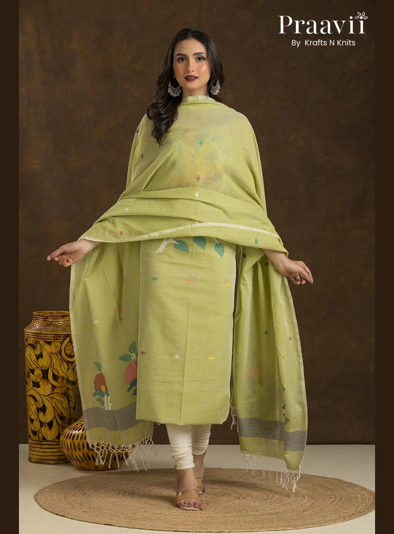 Pistachio Green Unstitched Cotton Jamdani 2-Piece Suit Set