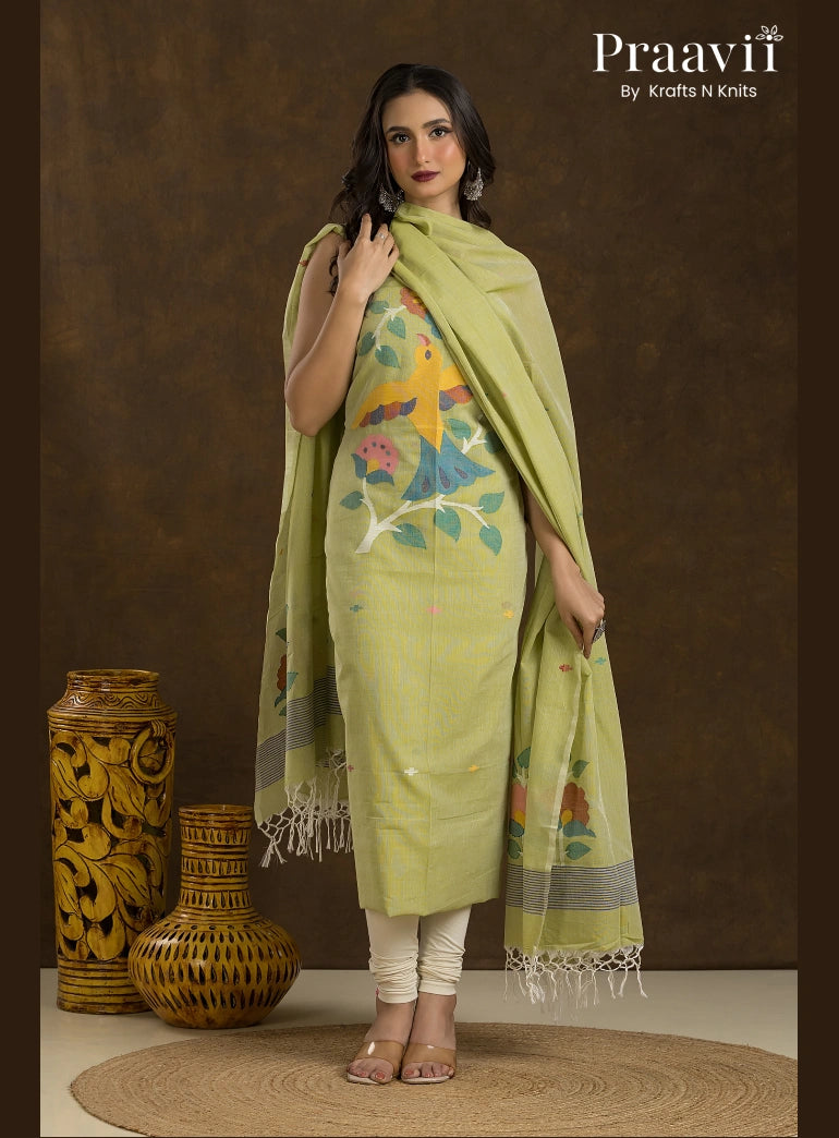 Pistachio Green Unstitched Cotton Jamdani 2-Piece Suit Set