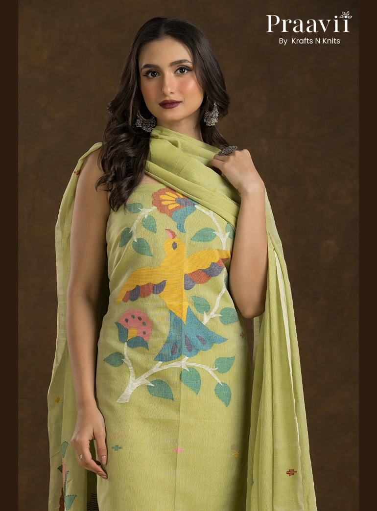 Pistachio Green Unstitched Cotton Jamdani 2-Piece Suit Set