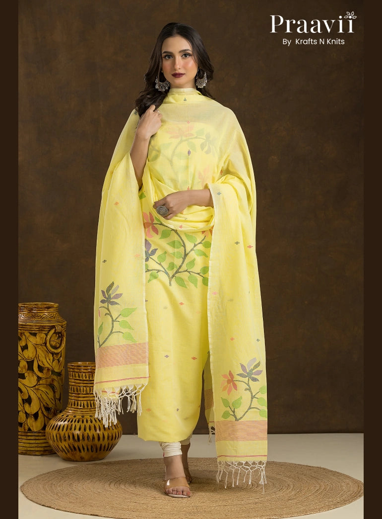 Butter Yellow Unstitched Cotton Jamdani 2-Piece Suit Set