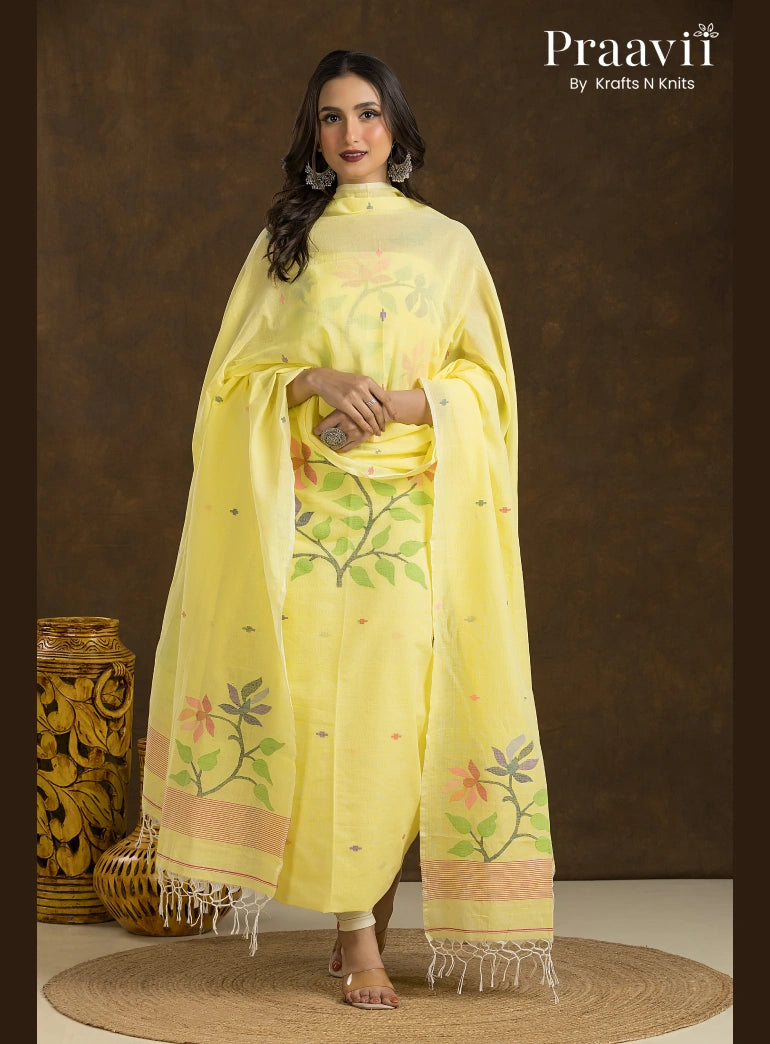 Butter Yellow Unstitched Cotton Jamdani 2-Piece Suit Set