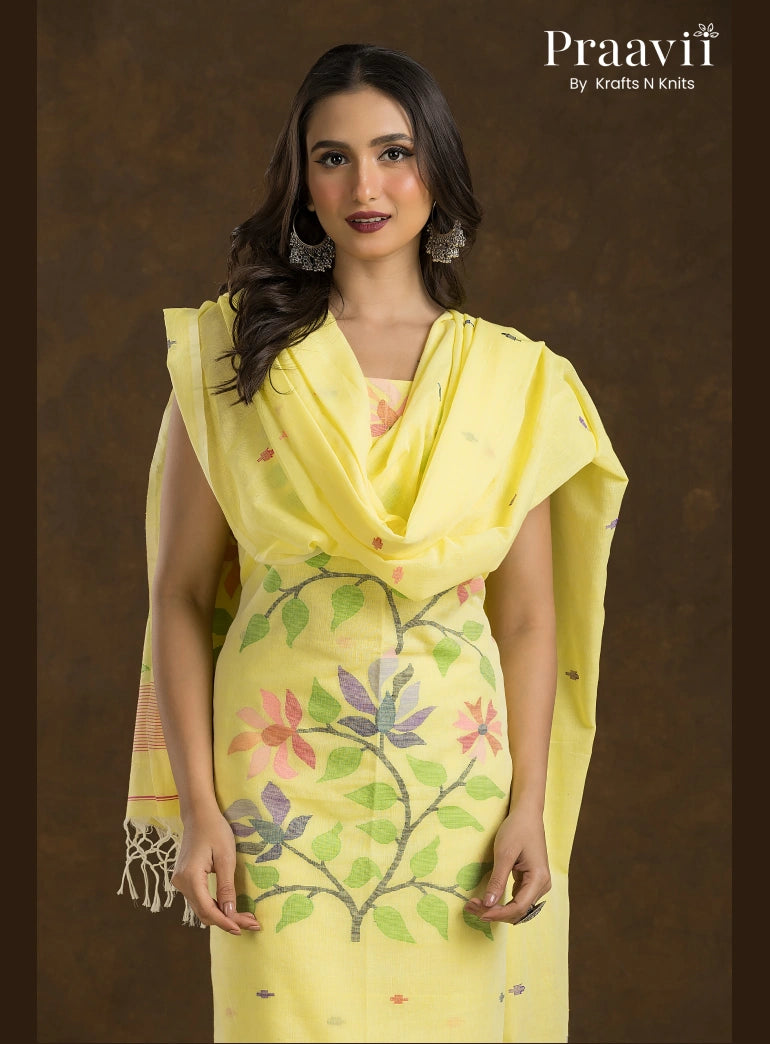 Butter Yellow Unstitched Cotton Jamdani 2-Piece Suit Set