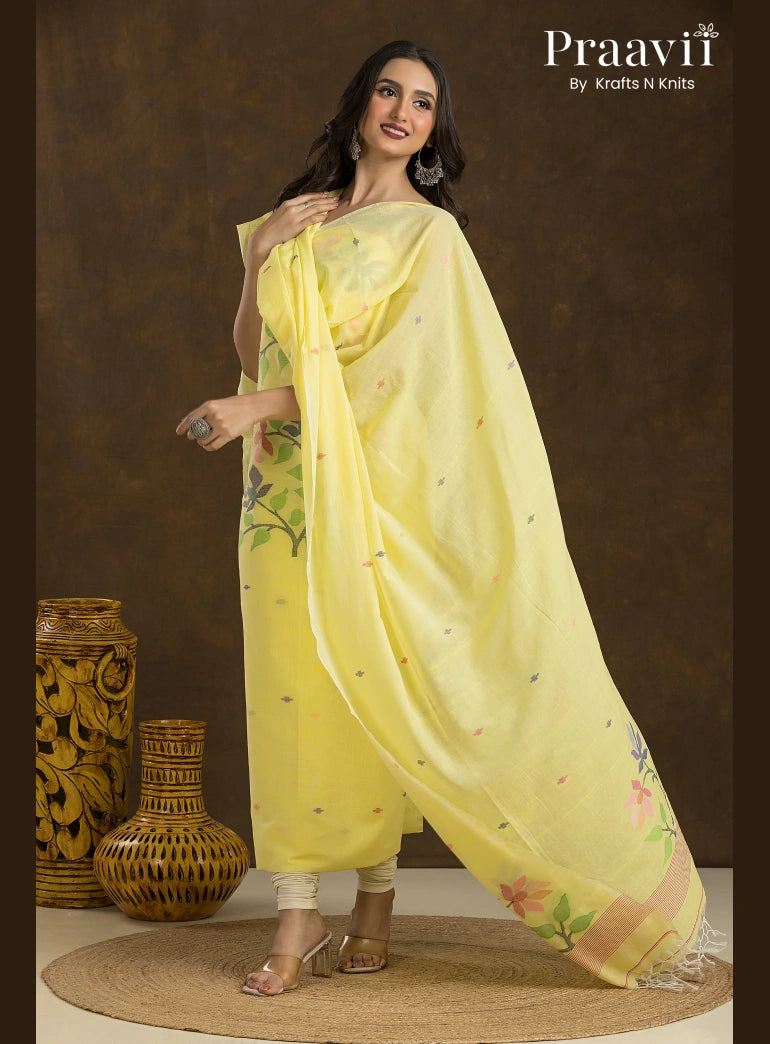 Butter Yellow Unstitched Cotton Jamdani 2-Piece Suit Set
