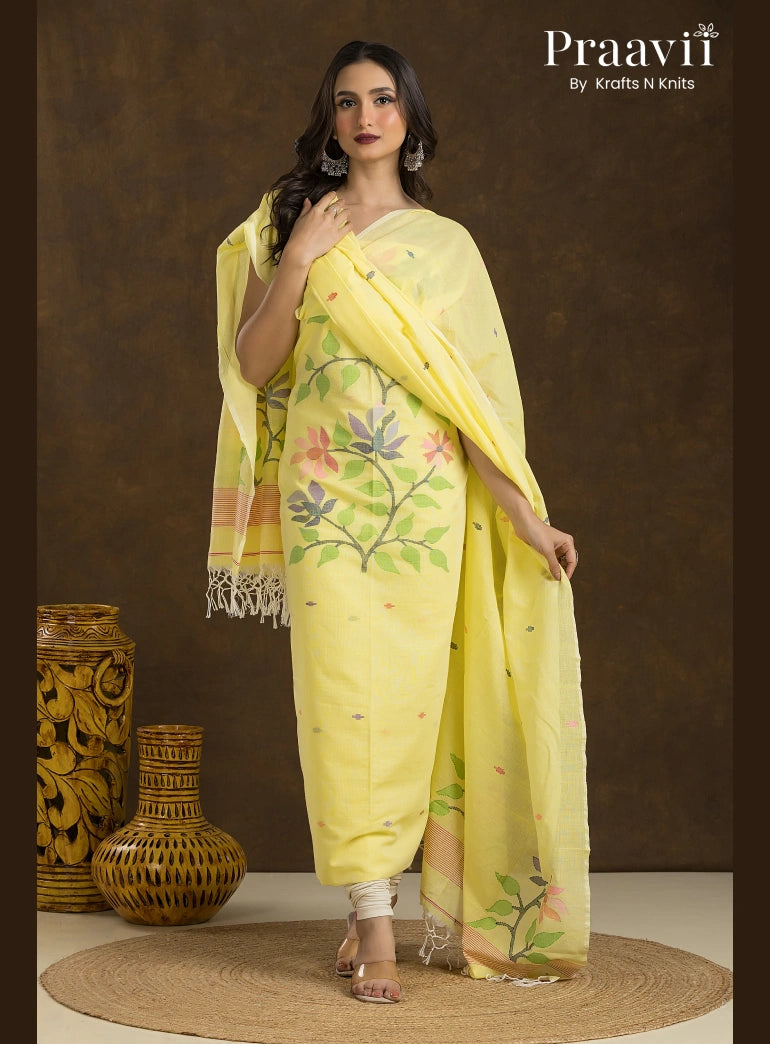Butter Yellow Unstitched Cotton Jamdani 2-Piece Suit Set