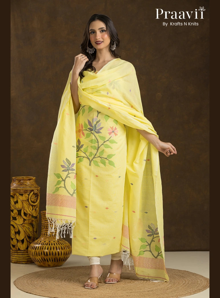 Butter Yellow Unstitched Cotton Jamdani 2-Piece Suit Set