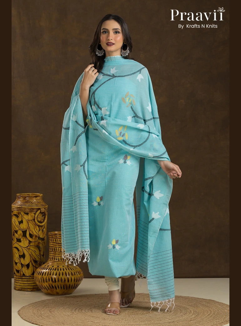 Ice Blue Unstitched Cotton Jamdani 2-Piece Suit Set