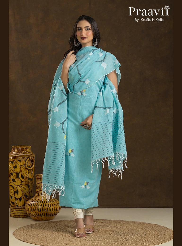 Ice Blue Unstitched Cotton Jamdani 2-Piece Suit Set