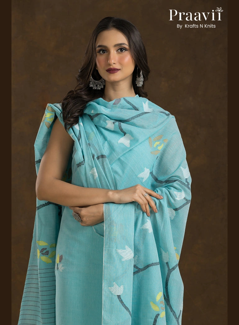 Ice Blue Unstitched Cotton Jamdani 2-Piece Suit Set