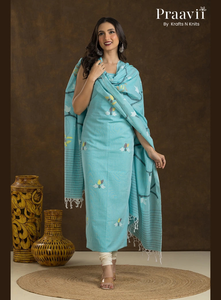 Ice Blue Unstitched Cotton Jamdani 2-Piece Suit Set