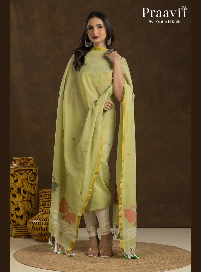 Avocado Green Unstitched Cotton Jamdani 2-Piece Suit Set