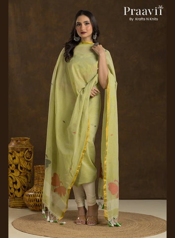 Avocado Green Unstitched Cotton Jamdani 2-Piece Suit Set